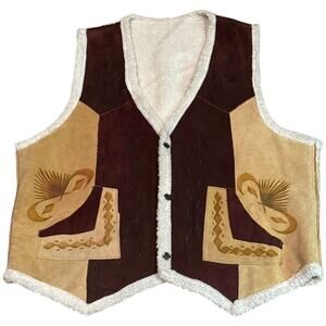 Vintage Pyrographed leather Suede Rooster Western Sherpa lined Vest size XL